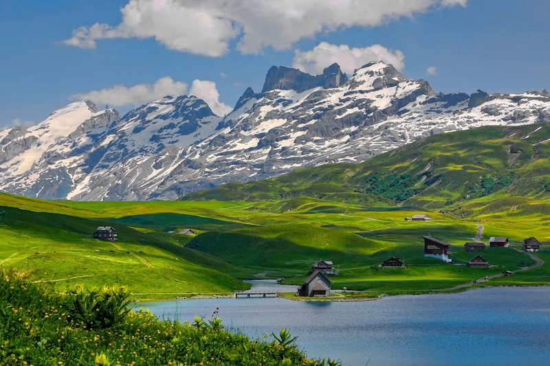 tranquility, houses, 5K, switzerland, scenics - nature, sky, mountain peak, cabin, green color, non-urban scene, field, water, countryside, peak, mountain
