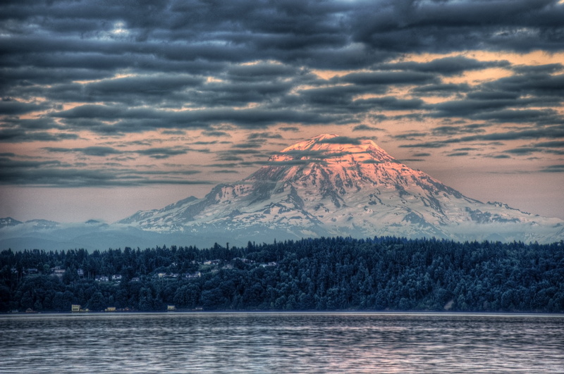 gray scale, outdoors, mountain, blue and gray, nature, Mount Rainier, gray, blue, 4K, scenics, scale, HDR, Nikon  D700, snow, scenery, Sunset, lake, fog