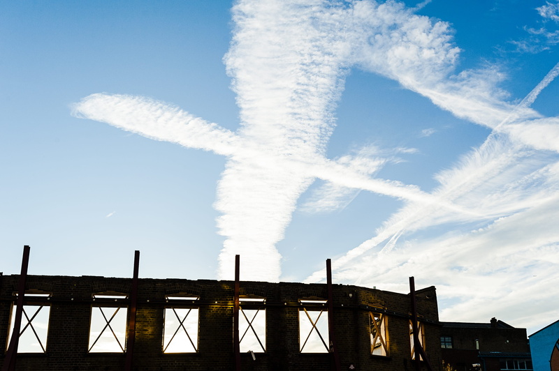 pollution, blue, england, smoke - physical structure, east london, building exterior, transportation, london, no people, look up, built structure, vapor trail