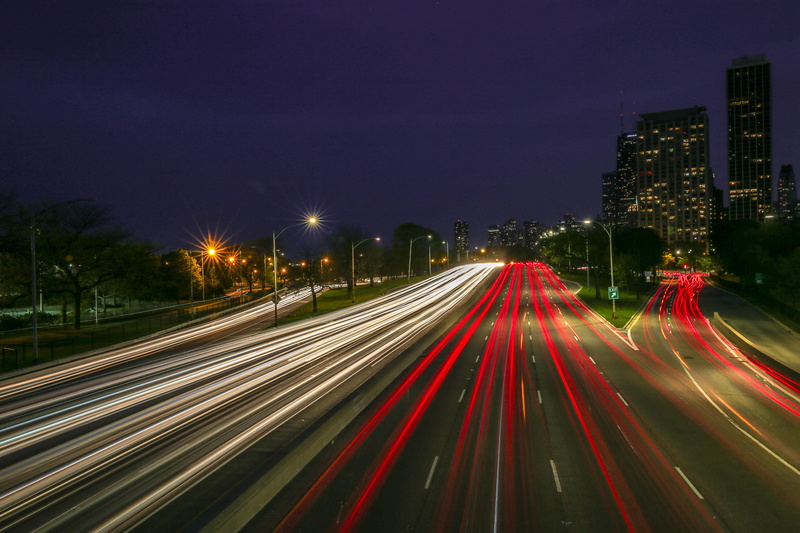 transportation, building exterior, city street, united states, chicago, architecture, city, light trail, motion, highway, city life, rush hour, lights
