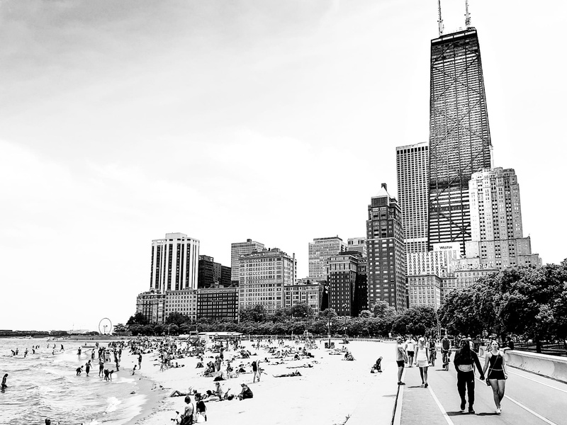 modern, sky, nature, chicago, tall - high, day, north avenue beach, water, crowd, skyscraper, hancock tower, large group of people, building exterior, building