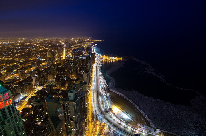 city, 1080P, Lights, night, Chicago, Lake Shore Drive