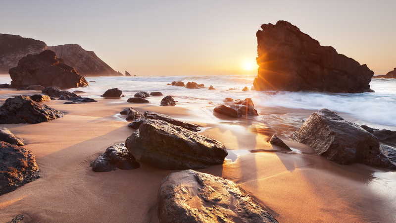 water, no people, sea, tranquility, land, outdoors, sunset, rock - object, wave, nature  jpg 3840x2160, nature, long exposure, horizon over water, scenics - nature