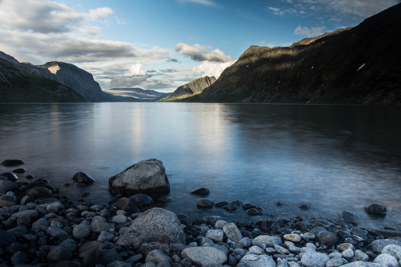 Jotunheimen, blue, Norway, 5K, sky, scenics, summer, water, calm, outdoors, landscape, stones, Gjende, nature, Nikon D7200, meer, reflection, body of water