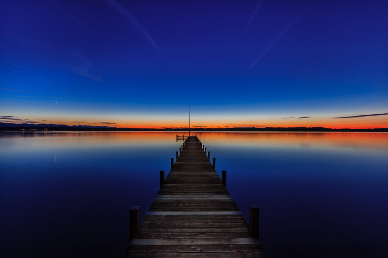 reflection, purple, diminishing perspective, direction, sky, tranquil scene, Bayern, pier, sunset, long exposure, beauty in nature, Germany, dusk, Lake Starnberg
