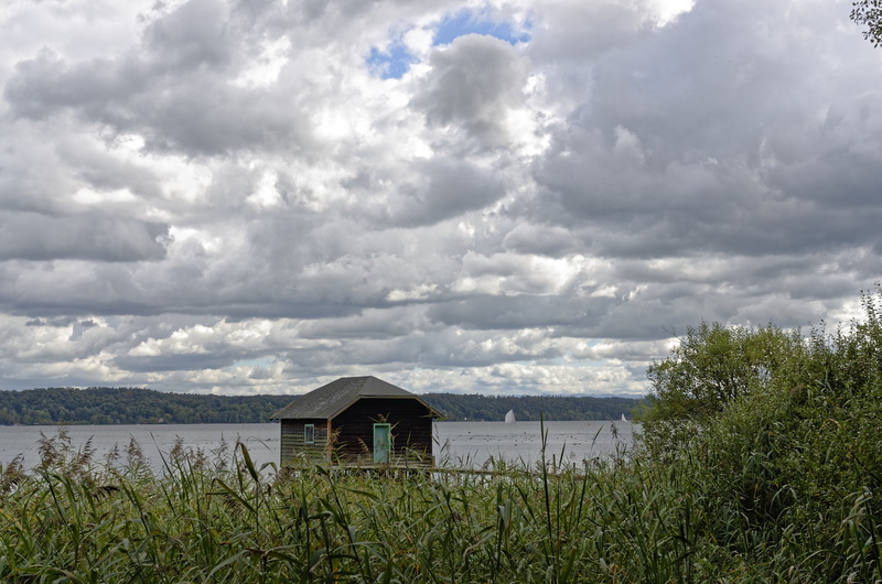 tranquility, building exterior, environment, nature, day, no people, covered sky, grass, plant, starnberger see, water, architecture, hut, 4K, outdoors