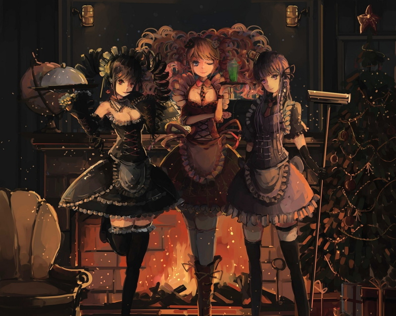 celestia ludenberck, 1080P, mail kyouko, anime, garland, balls, fire, tree, girls, dangan ronpa, qianqian, holiday, fireplace, art, tray, enoshima junko