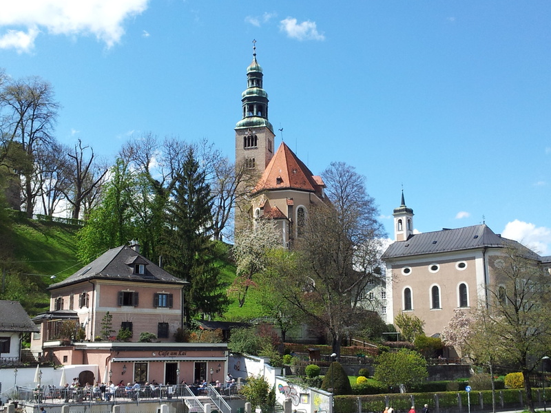 Salzburg, building, old, unesco world heritage, clock, outdoors, building Exterior, müllner steg, spire, city, town, tower, travel destinations, tree, salzach