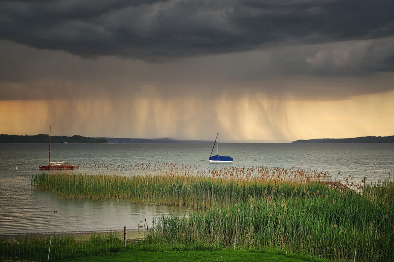 plant, boat, 5K, lake, dusk, cloud - sky, upper bavaria, thunderstorm, water, rain, beauty in nature, idyllic, nautical vessel, reed, dark, nature, sunset