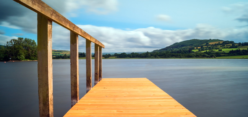 land, brown, sea, wooden sea, dock, scape, jetty, landscape, trees  field, sky, clouds, outdoors, wooden, summer  hill, water, powys, hills, cloud, brecon  beacons  national  park