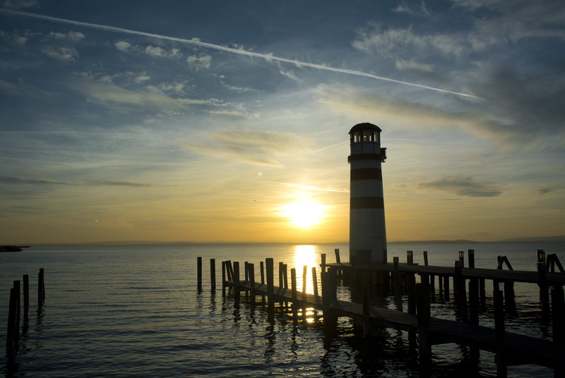 sea, tower, austria, sunset, direction, landing stage, built structure, no people, security, sky, podersdorf am see, wooden post, architecture, building exterior