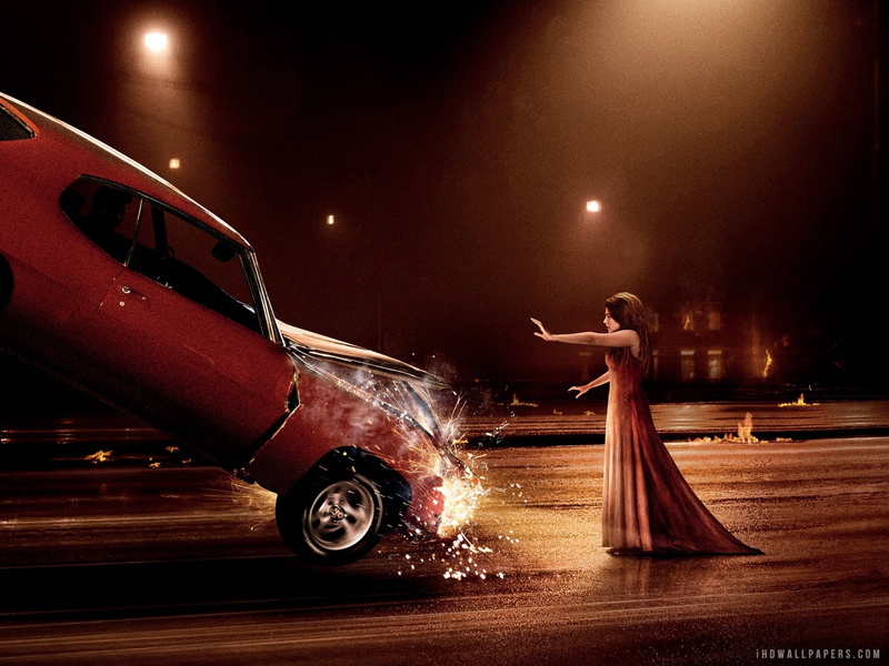 full length, Dark, motor vehicle, performance, adult, red, 1080P, one person, spooky, illuminated, stage, car, horror, street, mode of transportation