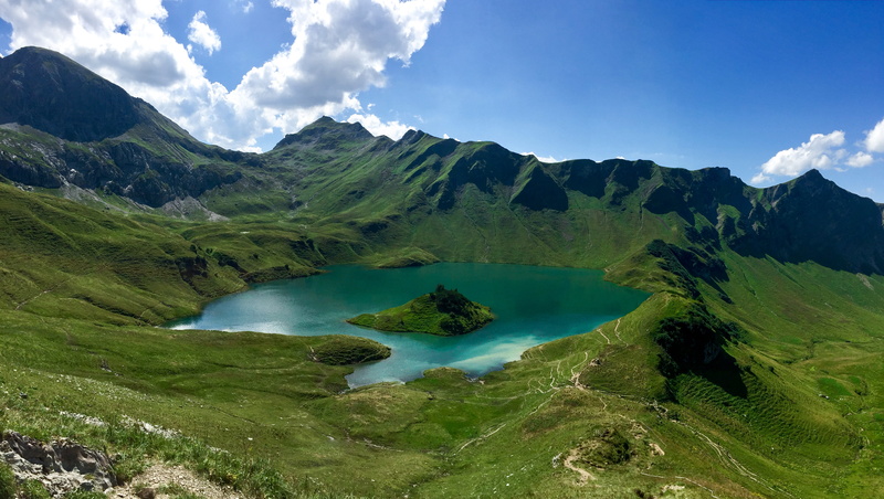 outdoors, lake, island, land, plant, nature, day, allgäu, mountains, landscape, water, 5K, tranquility, germany, tranquil scene, green color, schrecksee