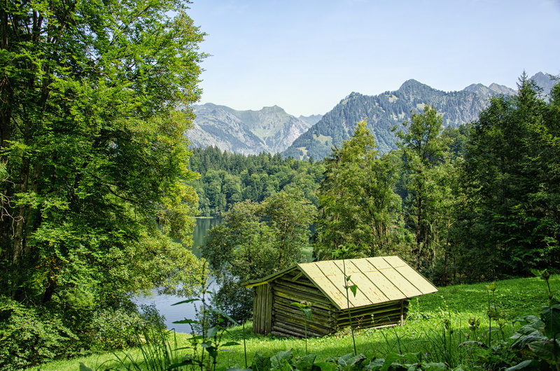 land, nature, summer, sky, built structure, allgäu, coniferous tree, trees, architecture, green color, mountain range, house, beauty in nature, tranquility