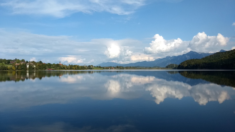 non-urban scene, day, reflection, nature, plant, füssen, tranquility, symmetry, beauty in nature, scenics - nature, 4K, cloud - sky, mountain, water, sky