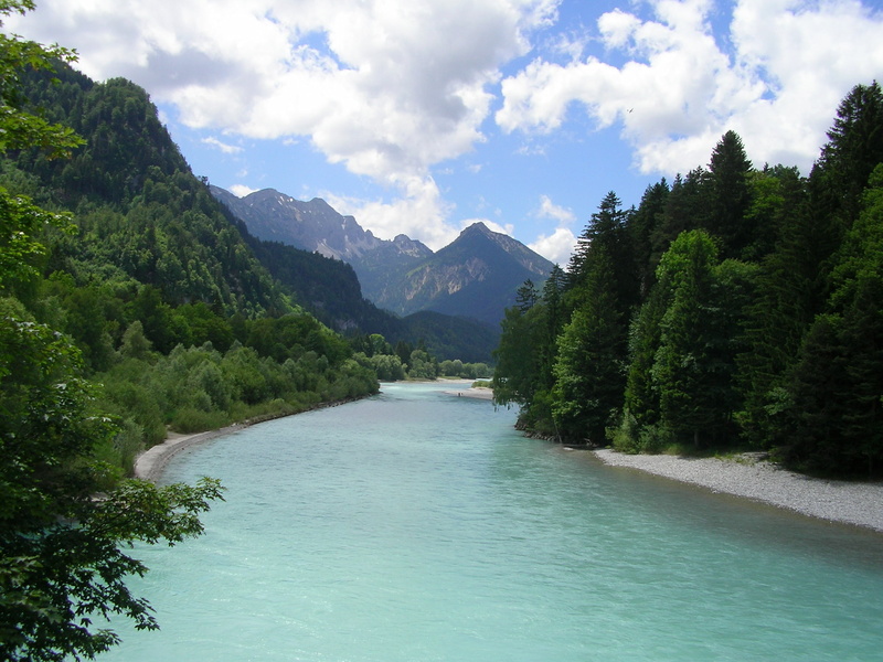 sky, scenics - nature, water, 2K, flowing water, mountains, outdoors, cloud - sky, day, tree, growth, allgäu, nature, river, mountain range, waterfront
