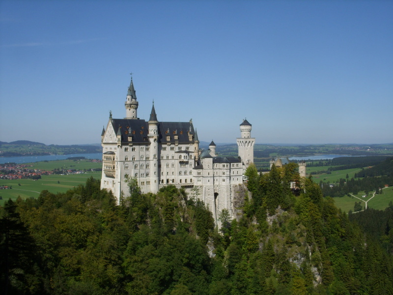 travel destinations, travel, built structure, clear sky, neuschwanstein castle, religion, spire, the past, building, füssen, history, marie bridge, outdoors