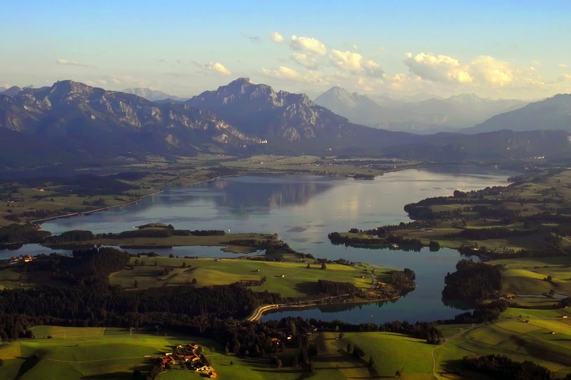tree, summer, environment, füssen, plant, tranquility, bavaria, no people, allgäu, lake, mountains, nature, 4K, king angle, mountain range, reflection