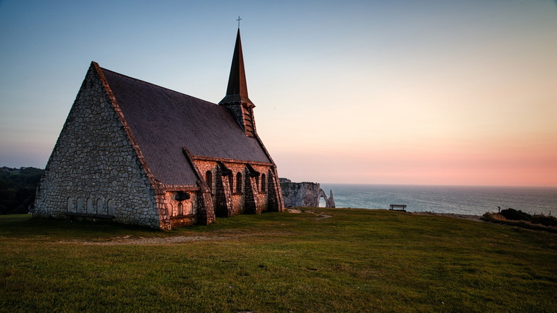 Evening, Sea, house, Horizon, black, France, 1080P, brown, concrete, Church, Normandy
