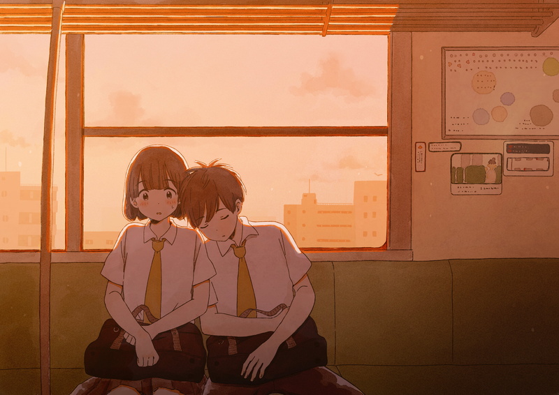 Seat, shirt, school uniform, short hair, couple, skirt, necktie, train, brown eyes, evening, 2K, collared shirt