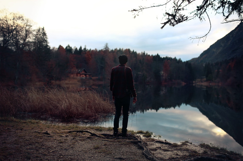 rear view, water, one person, men, tranquility, pool, cannon, lake, white, 720P, landscape, looking at view, full length, nature, land, lifestyles, tree