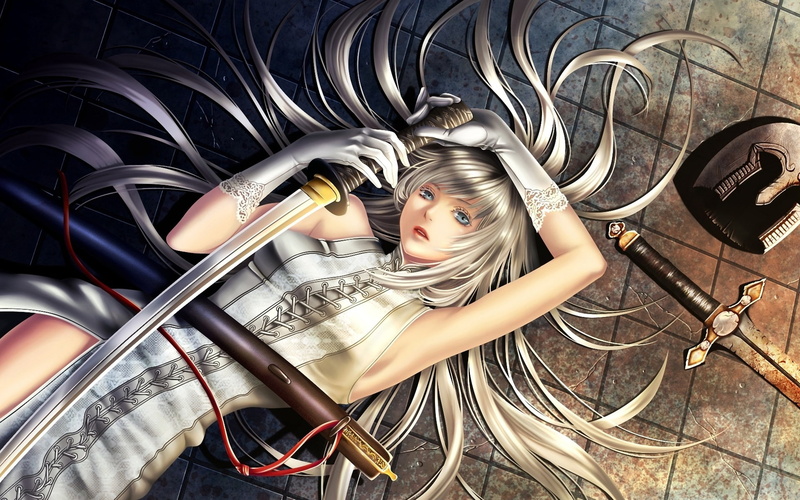 haired, 1080P, White, Lying, Ground, Holding, Girl, Anime, Sword