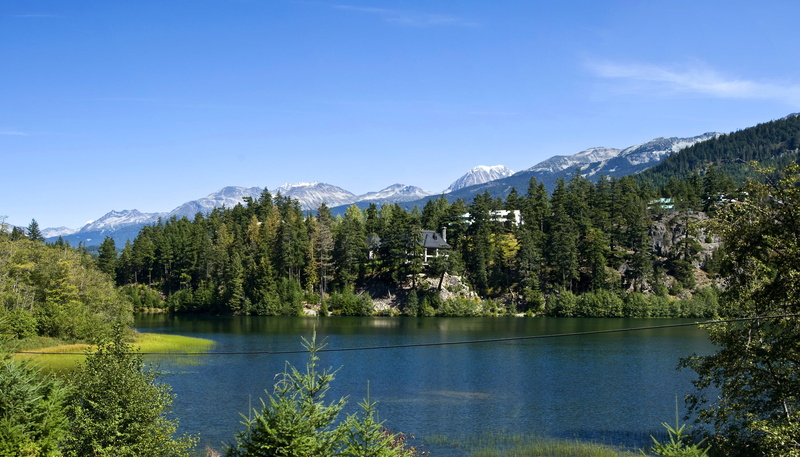 outdoors, idyllic, sky, beauty in nature, green color, houses, Canada, rocks, forest, lake, scenics - nature, no people, coniferous tree, Lake Whistler