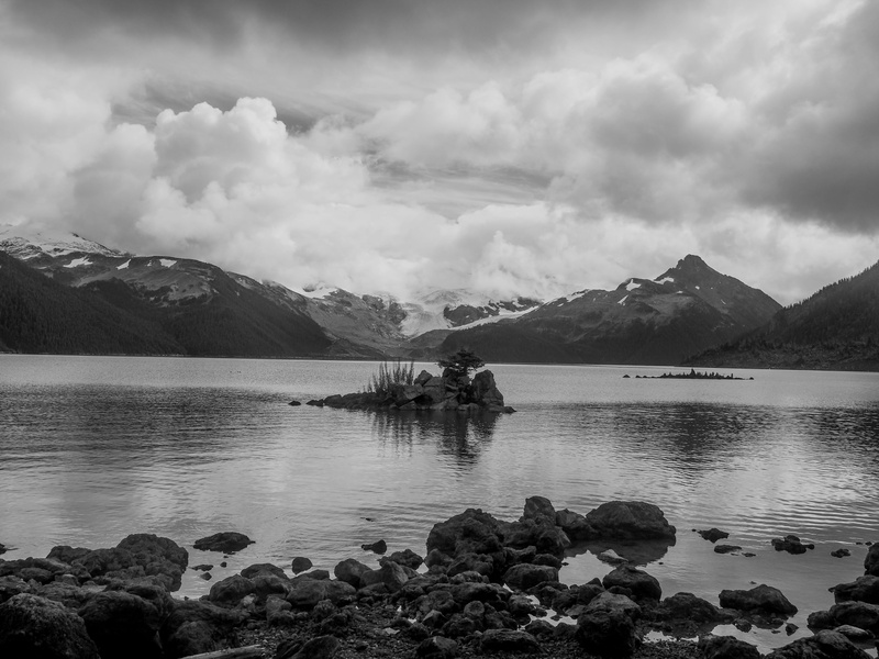 lake, idyllic, rock, weather, day, peak, solid, bc, shoreline, scenics - nature, promontory, waterfront, whistler, mountain, cloud - sky, cloud, mountain peak