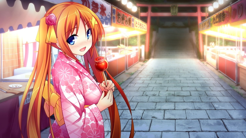 orange, flowers, ribbons, bow, long, game, apple, chiri, yukata, kei, eyes, atlanta, blush, chuablesoft, stairs, torii, food, wagaya, himegami sama, hair