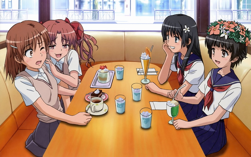 majutsu, ishikura, ruiko, kazari, seifuku, uiharu, index, shirai, mikoto, kagaku, aru, 1080P, flowers, railgun, misaka, kuroko, saten, drink, keiichi