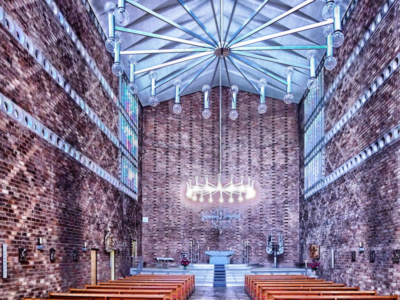 wall, church, inside, no people, St Albertus Magnus, communication, modern, lights, lighting, seating, creativity, brick, indoors, ceiling, built structure