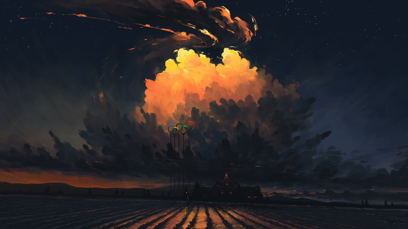 Tokyo, sky, digital painting, clouds, BisBiswas, 1080P, Tokyo 2020 summer olympics, night, sport