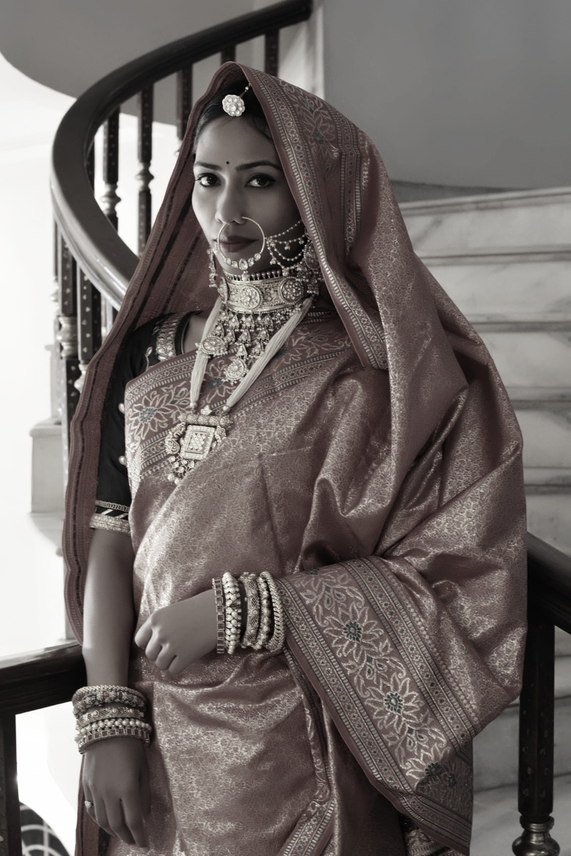 young women, clothing, staircase, three quarter length, front view, looking at camera, indian, contemplation, hairstyle, 1080P, dress, steps, young adult