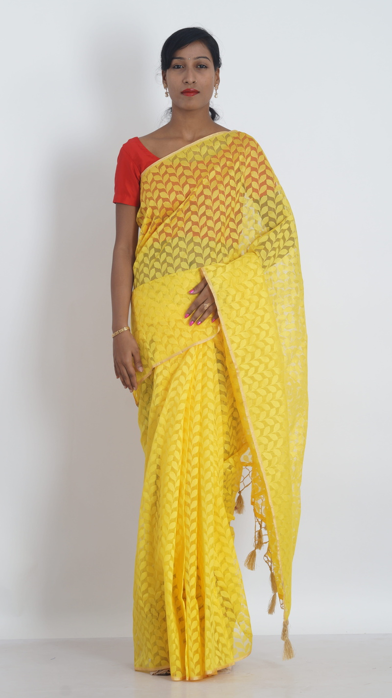 yellow color saris, one person, contemplation, beautiful woman, fashion, standing, traditional clothing, yellow, Saris, looking at camera, women, front view