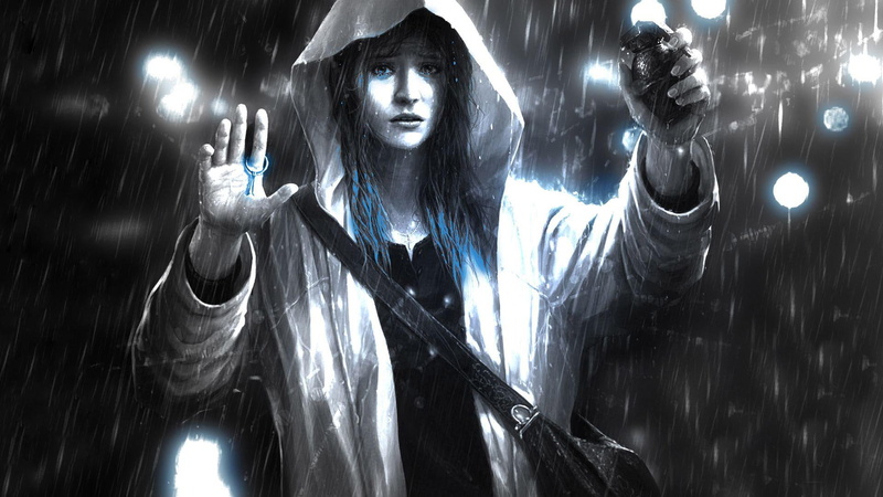 1080P, poster, rain, blue, fantasy, haired, grenade, woman, 1920x1080, girl, hoodie, holding