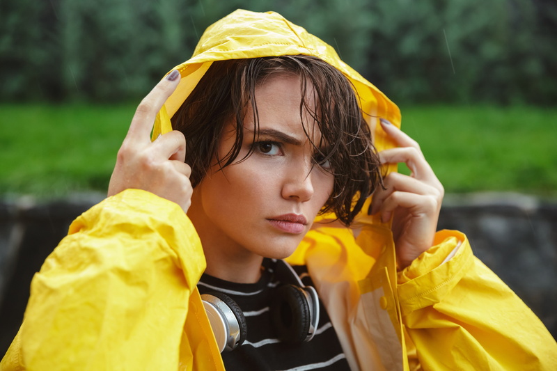 yellow, looking at viewer, women, closeup, model, upset, portrait, wet hair, 5K, hoods, headphones, rain, raincoat