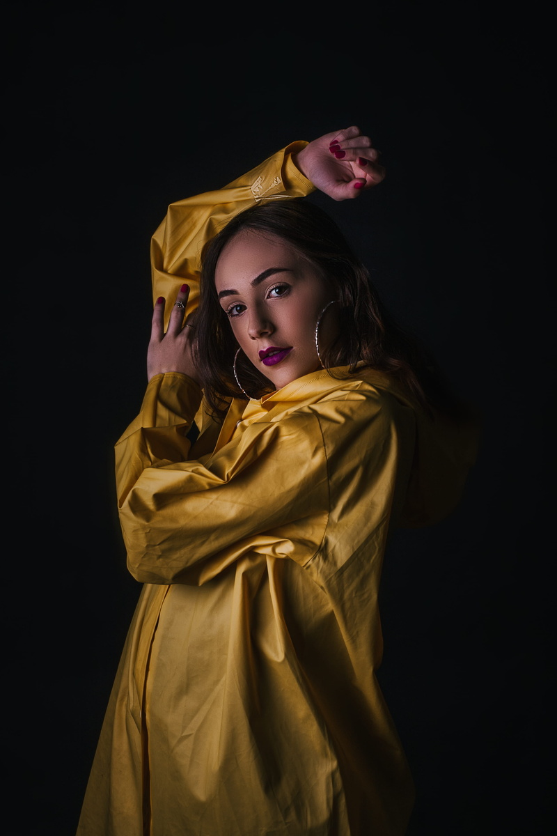 lady, hairstyle, females, posture, glamour, posing, fierce, contemplation, pretty, 4K, yellow, model, fashion, depth of field, portrait, wearing, raincoat
