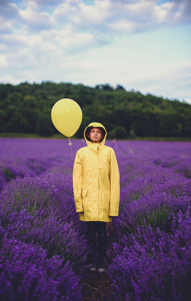 tree, cloud - sky, yellow coat, purple, person, yellow, flower, flowering plant, style, dress, environment, field, shirt, landscape, outdoors, yellow ballon
