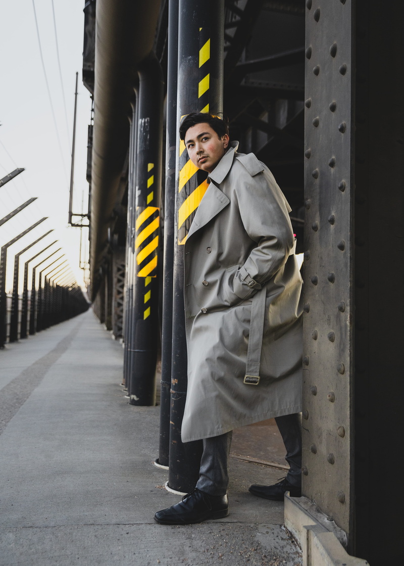 modeling, man, leisure activity, young adult, clothing, apparel, standing, front view, person, trench coat, raincoat, yellow, adult, males, portrait, industrial