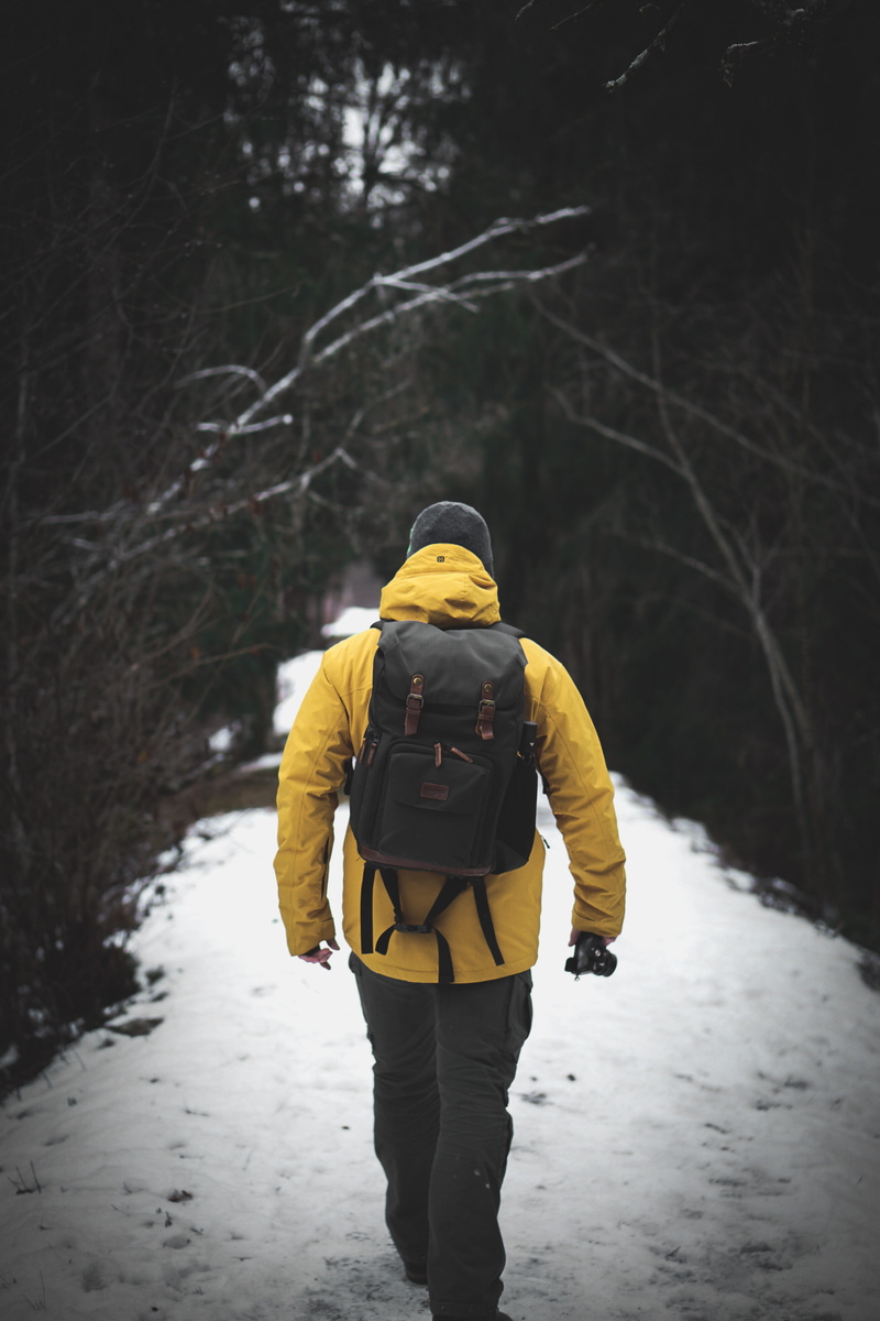 raincoat, pathway, real people, overcoat, coat, swiss, man, yellow, tree, pants, backpack, lifestyles, covered, person, snow, walking, hood, wearing, outdoors