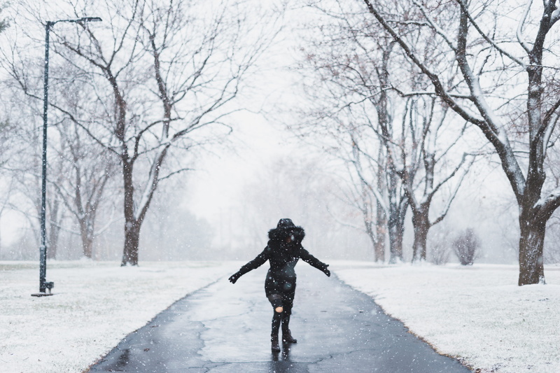 jacket, bare, plant, weather, human arm, path, cold temperature, post, near, wearing, Opportunity, outdoors, bare tree, frost, women, winter, snowing, full length