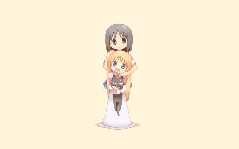 hair, background, hakase, blue, sakamoto, long, brown, cats, girls, simple, shinonome, black, short, 1080P, anime, eyes, nichijou, orange