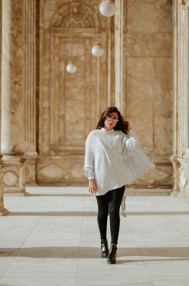 warm clothing, architecture, blouse, flagstone, human, smiling, sweater, person, runway, footwear, sleeve, shoe, long sleeve, front view, 4K, clothing
