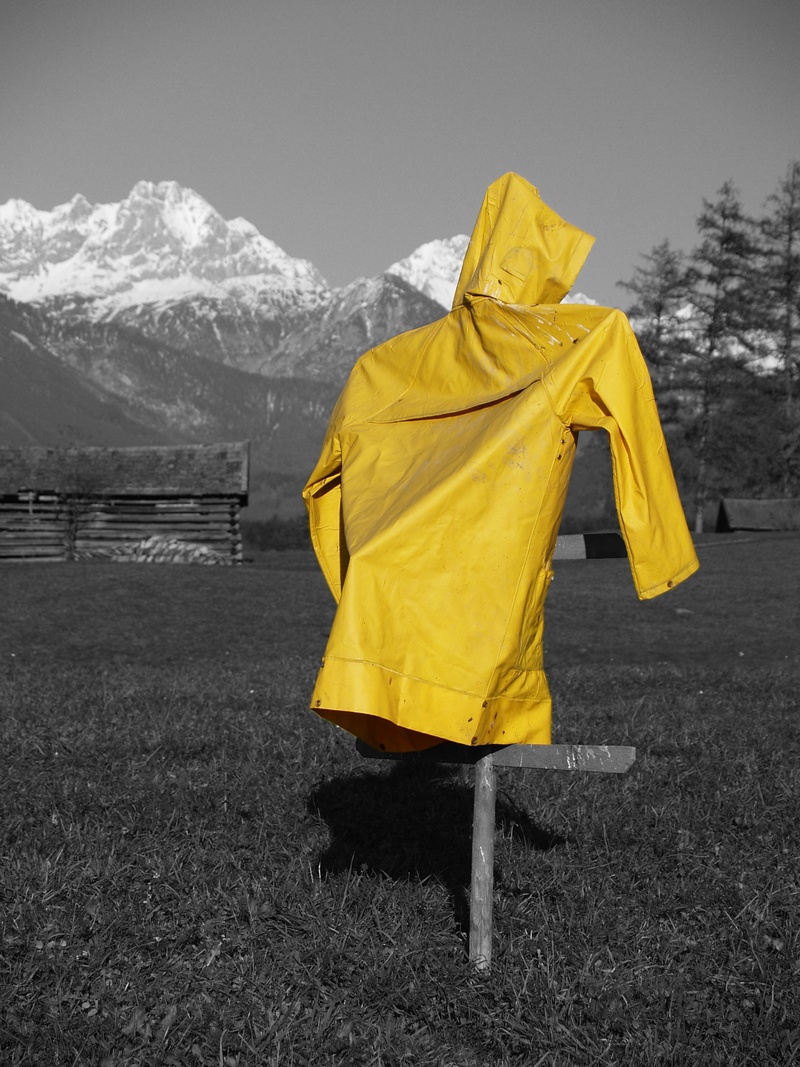 land, snow, day, sky, outdoors, landscape, clothing, scenics - nature, environment, tranquility, field, winter, no people, 2K, rain coat, yellow, grass