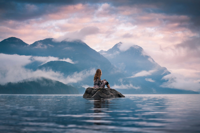 women outdoors, ponchos, 1080P, lagoon, long hair, redhead, nature, horizon, sitting, water, lake, model, mist, clouds, mountains, river, sky, loneliness