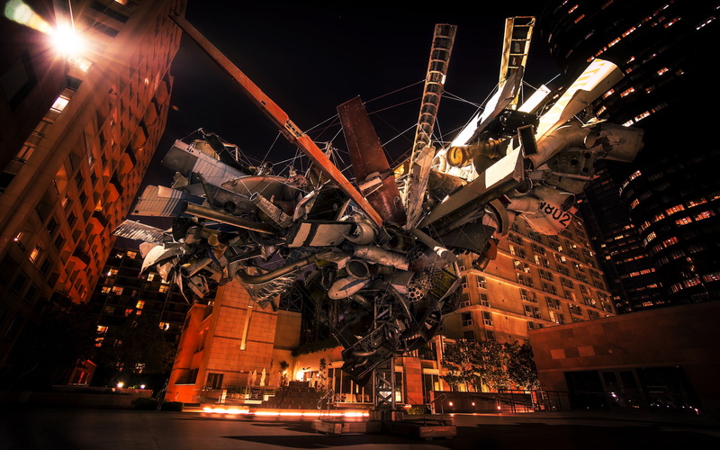 1080P, night, sculpture, light, wreckage, art, buildings, junk, psychedelic, abstract, 3 d