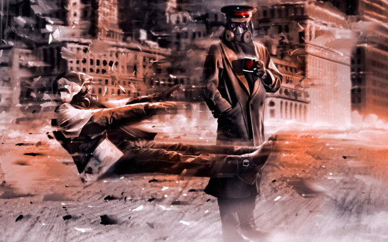 sniper, street, city, romantically apocalyptic, adult, full length, fragments, nature, standing, building exterior, the explosion, motion, captain, clothing