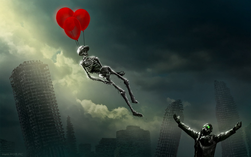 romance of the Apocalypse, 1080P, pilot, skyscrapers, balloons, romantically apocalyptic, skeleton