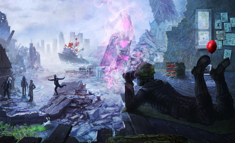 romance of the Apocalypse, romantically apocalyptic, engineer, scooping, ruins, hearts, near, binoculars, illustration, binocular, person, captain, art