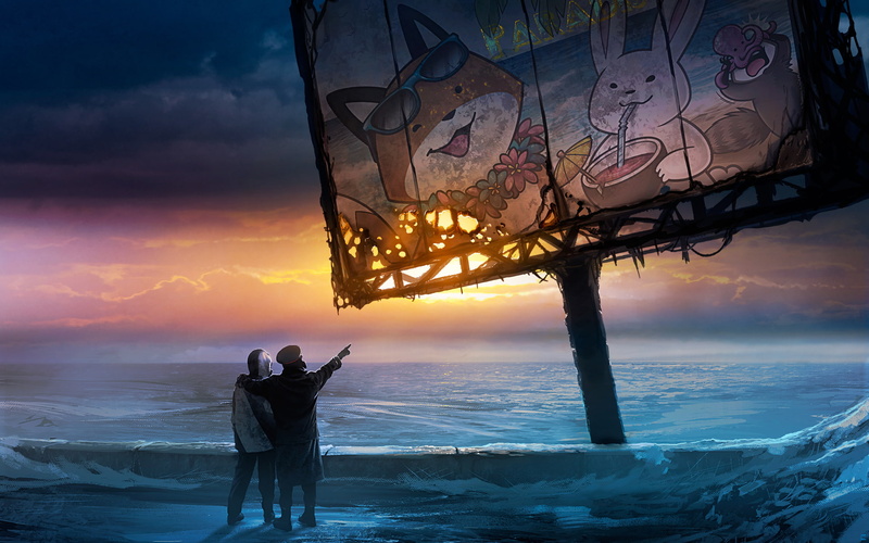 brown, two people, standing, 1080P, people, sky, men, horizon, land, snow, apocalyptic, silhouette, two, sunset, leisure activity, winter, human arm, sea